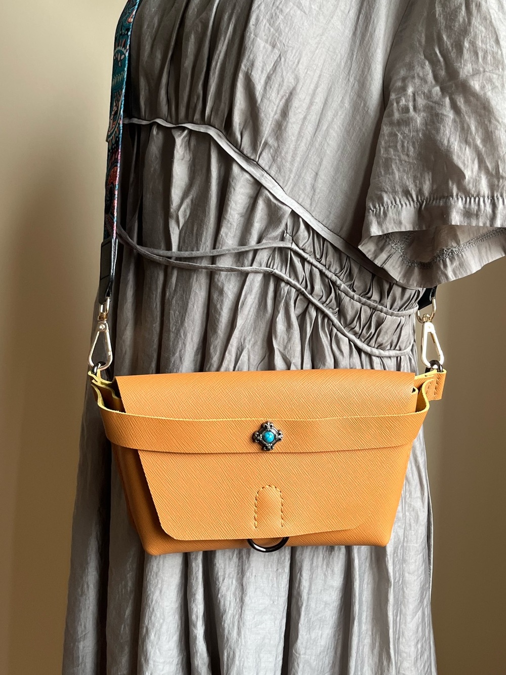 Mustard Yellow Leather Crossbody Bag with Turquoise Accent
